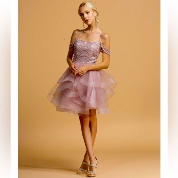 Aspeed Pink Ruffled Layered Off Shoulder Beaded Short Gown Semi-Open Back L - Picture 1 of 13